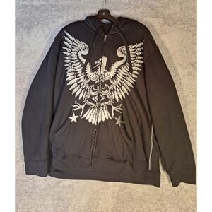 Route 66 Mens XL Eagle Graphic Hoodie Sherpa Lined Black FullZip Rock Moto Y2K